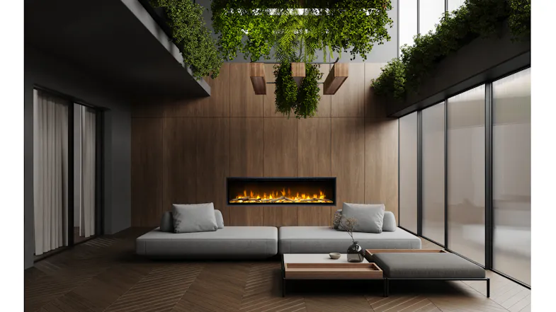 A modern living space with a wall-mounted electric fireplace, a grey sectional sofa, a coffee table, and hanging greenery above A modern living space with a wall-mounted electric fireplace, a grey sectional sofa, a coffee table, and hanging greenery above