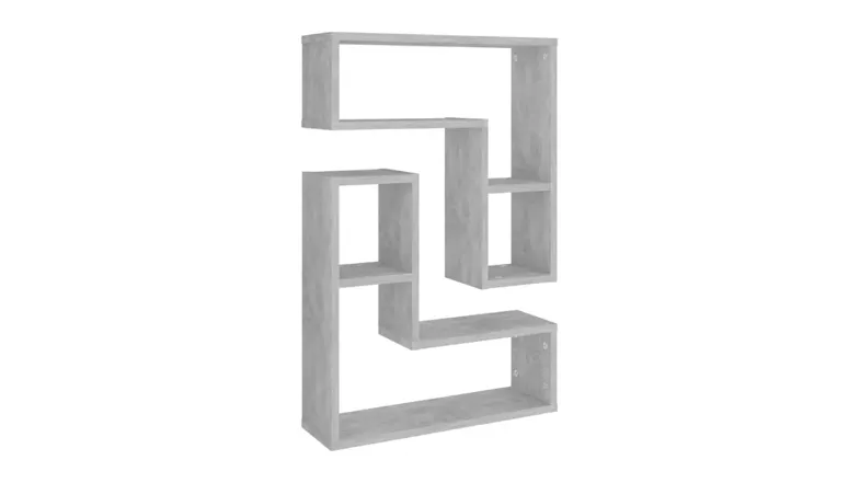 Concrete Grey L‑shaped floating wall shelf set shown front‑on, featuring two interlocking geometric shelves Concrete Grey L‑shaped floating wall shelf set shown front‑on, featuring two interlocking geometric shelves