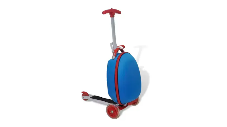 Blue luggage trolley attached to a red‑and‑white three‑wheel scooter, shown from a front‑side angle Blue luggage trolley attached to a red‑and‑white three‑wheel scooter, shown from a front‑side angle
