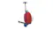 Red luggage trolley attached to a blue‑and‑white three‑wheel scooter, shown from a front‑side angle Red luggage trolley attached to a blue‑and‑white three‑wheel scooter, shown from a front‑side angle