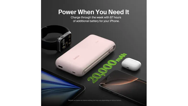 Belkin BoostCharge 20,000mAh 2-Port USB-C & USB-A Power Bank with Integrated USB-C Cable - Pink (BPB024fqPK) Belkin BoostCharge 20,000mAh 2-Port USB-C & USB-A Power Bank with Integrated USB-C Cable - Pink (BPB024fqPK)