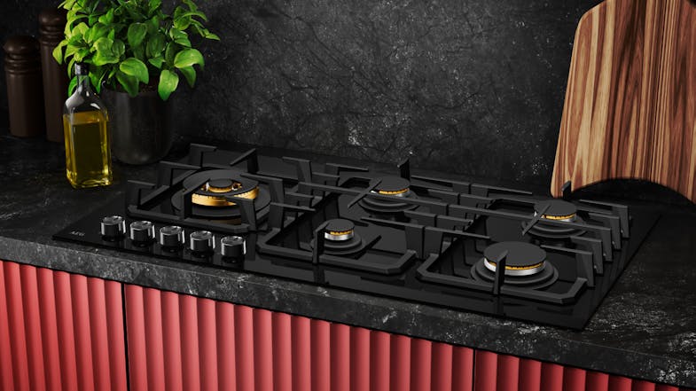 AEG 90cm 5 Burner Gas Cooktop - Black Glass (HGC9566BB) AEG 90cm 5 Burner Gas Cooktop - Black Glass (HGC9566BB)