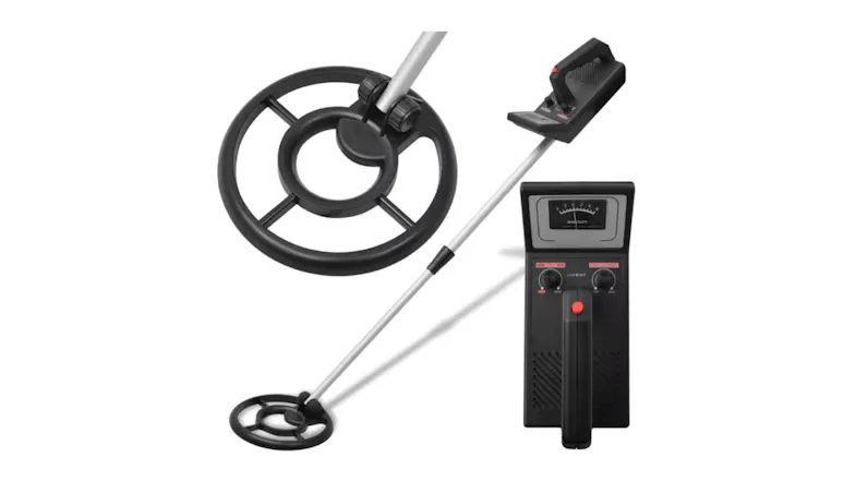 Composite image showing a full-length metal detector with a circular search coil and adjustable silver pole Composite image showing a full-length metal detector with a circular search coil and adjustable silver pole