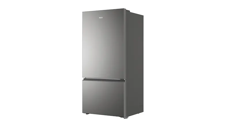 Angled view of the Haier 517L bottom mount fridge in a contemporary Satina finish Angled view of the Haier 517L bottom mount fridge in a contemporary Satina finish