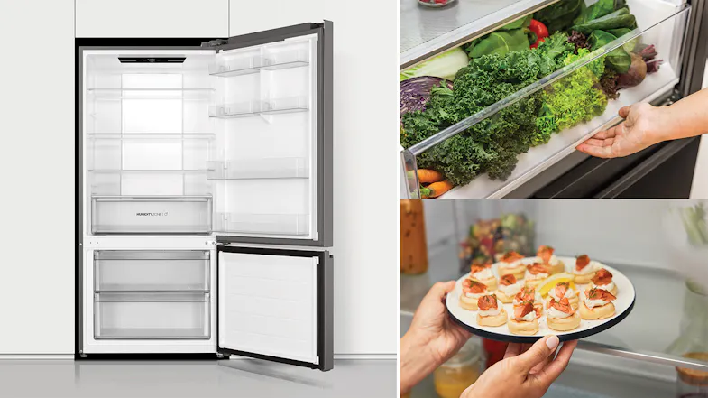 Collage showing a hand opening the Humidity Zone drawer and a plate of appetizers on a shelf Collage showing a hand opening the Humidity Zone drawer and a plate of appetizers on a shelf
