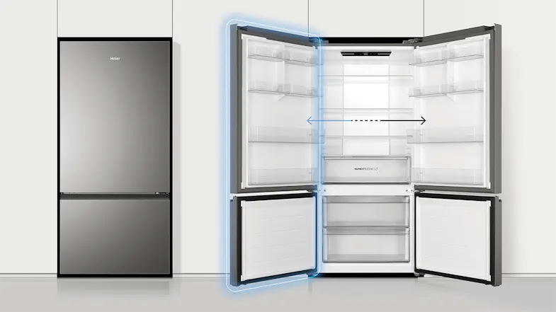 Graphic showing the reversible door feature of the Haier 517L fridge for flexible kitchen layout Graphic showing the reversible door feature of the Haier 517L fridge for flexible kitchen layout