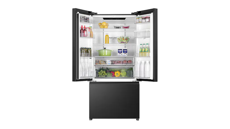 The Haier 500 Series Fridge Freezer's interior filled with groceries The Haier 500 Series Fridge Freezer's interior filled with groceries