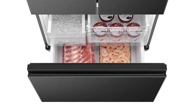 A top view of the freezer drawer filled with groceries A top view of the freezer drawer filled with groceries