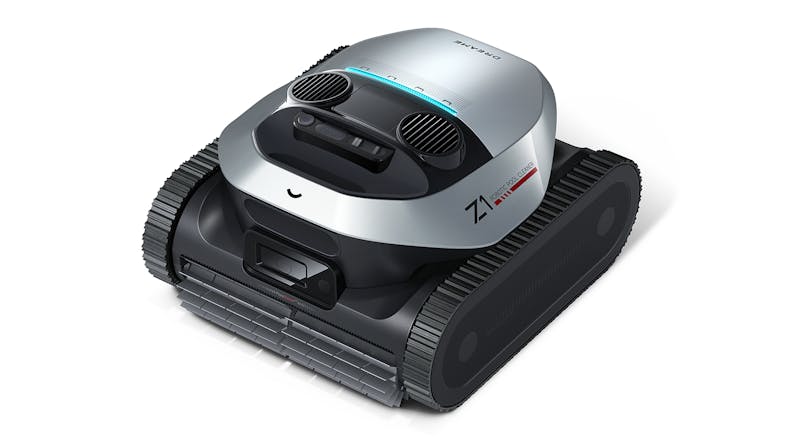A robotic pool cleaner with tank-like treads on both sides and two circular vents on top. A robotic pool cleaner with tank-like treads on both sides and two circular vents on top.