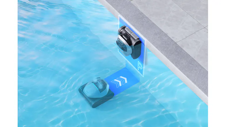 A blue path with white arrows guides the robot to a designated parking spot marked with a "P" symbol on the wall. A blue path with white arrows guides the robot to a designated parking spot marked with a "P" symbol on the wall.