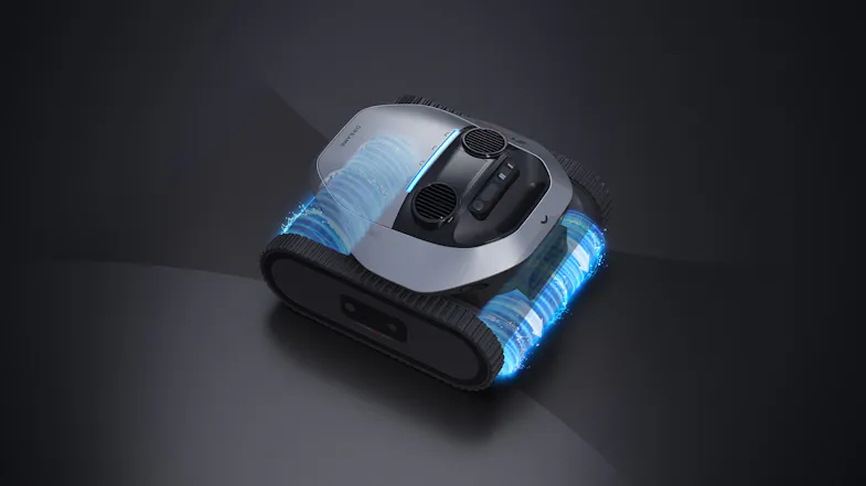 A sleek, futuristic robotic device with a metallic body is displayed against a dark surface. A sleek, futuristic robotic device with a metallic body is displayed against a dark surface.