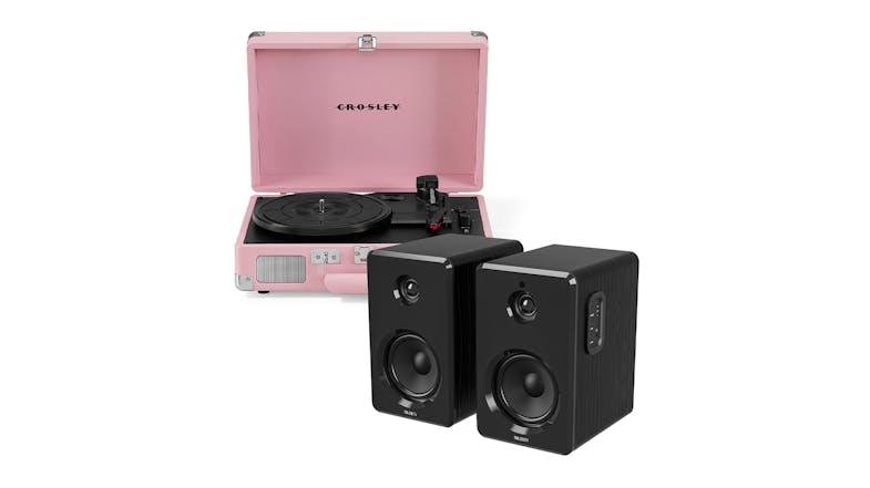 Crosley Cruiser Bluetooth Turntable with Majority D40 Bluetooth Speakers - Blush Pink Crosley Cruiser Bluetooth Turntable with Majority D40 Bluetooth Speakers - Blush Pink