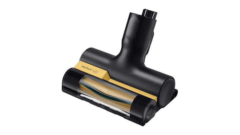 Black and gold pet brush vacuum head with visible roller for effective pet hair pickup Black and gold pet brush vacuum head with visible roller for effective pet hair pickup