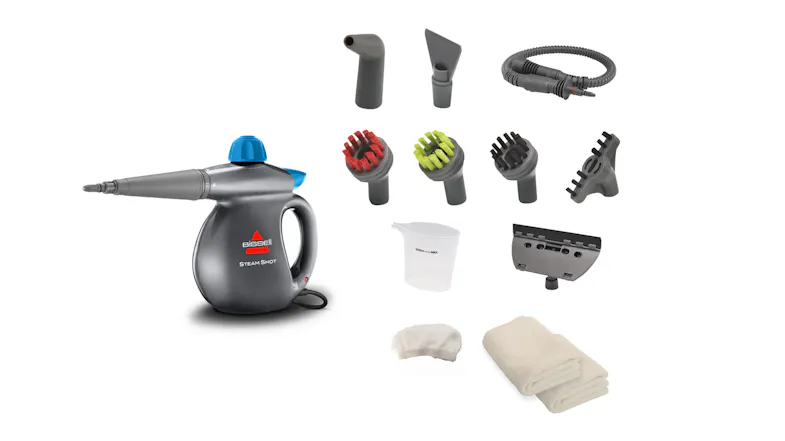 Complete accessory set including the Bissell Steam Shot, multiple brush heads, and attachments Complete accessory set including the Bissell Steam Shot, multiple brush heads, and attachments