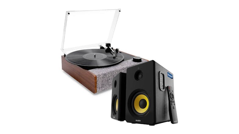 Victrola Eastwood II Bluetooth Turntable with Majority D40 Bluetooth Speakers - Walnut Victrola Eastwood II Bluetooth Turntable with Majority D40 Bluetooth Speakers - Walnut