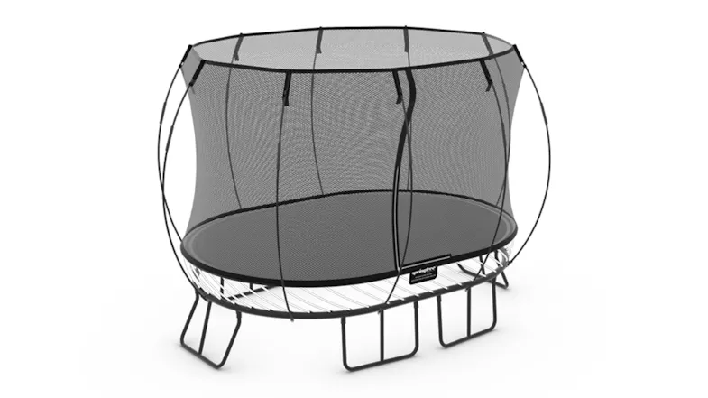 An angled view of an oval trampoline with a safety enclosure net and flexible support rods An angled view of an oval trampoline with a safety enclosure net and flexible support rods