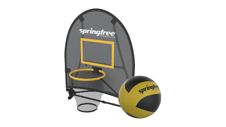 Springfree trampoline basketball hoop accessory with a yellow and black ball Springfree trampoline basketball hoop accessory with a yellow and black ball