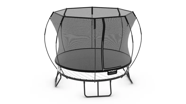 An angled view of an oval trampoline with a safety enclosure net and flexible support rods An angled view of an oval trampoline with a safety enclosure net and flexible support rods