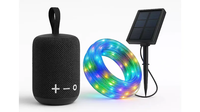 A black portable speaker next to a coil of colourful LED tube lights connected to a small solar panel on a stake A black portable speaker next to a coil of colourful LED tube lights connected to a small solar panel on a stake