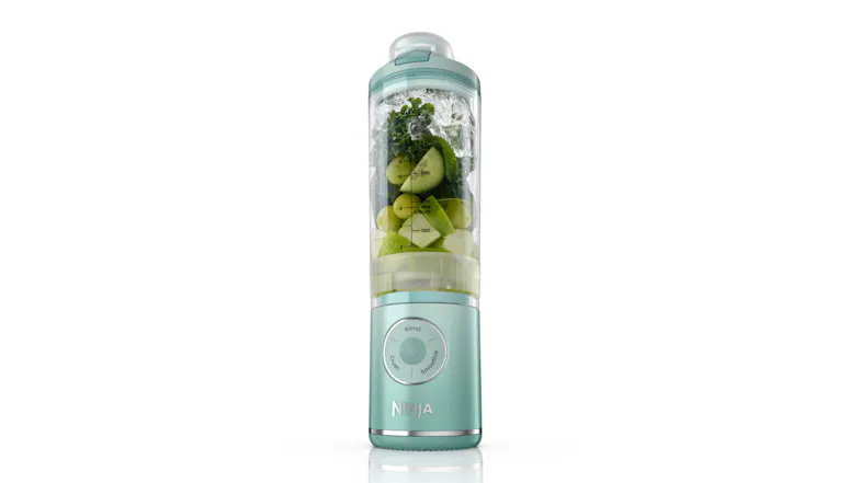 A portable blender with an empty clear blending cup and a secure lid A portable blender with an empty clear blending cup and a secure lid