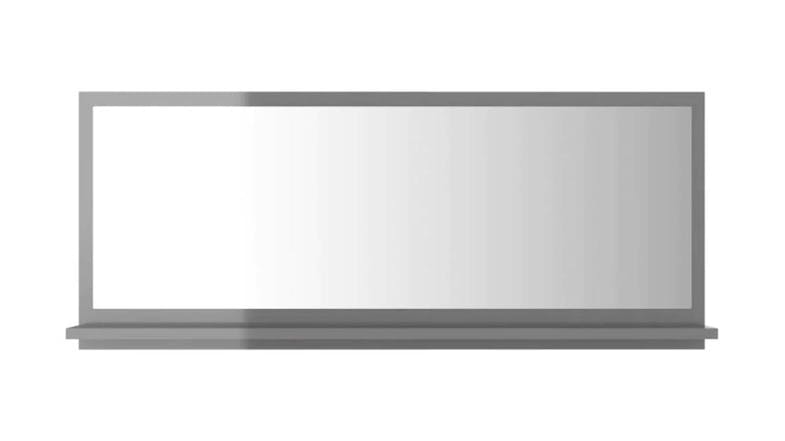 A rectangular gloss grey-framed bathroom mirror with a slim frame and an integrated bottom shelf A rectangular gloss grey-framed bathroom mirror with a slim frame and an integrated bottom shelf