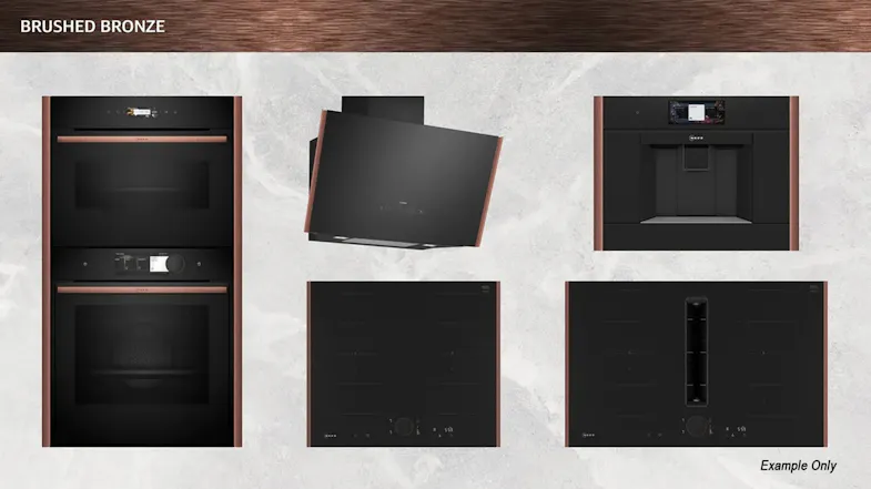 A kitchen appliance set featuring an oven, an angled hood, cooktops, and a built-in coffee machine A kitchen appliance set featuring an oven, an angled hood, cooktops, and a built-in coffee machine