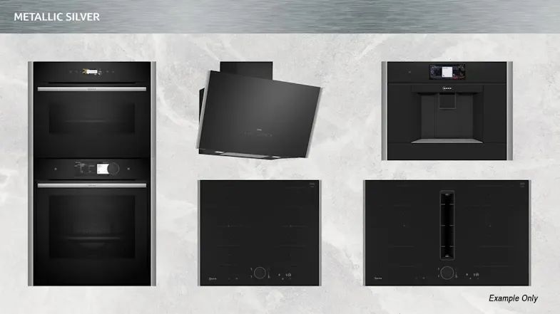 kitchen appliance lineup showing oven, hood, cooktops, and a built-in coffee machine displayed on a kitchen setup kitchen appliance lineup showing oven, hood, cooktops, and a built-in coffee machine displayed on a kitchen setup