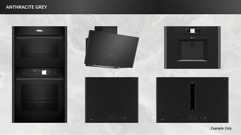 A collection of modern kitchen appliances, including an oven, hood, cooktops, and a built-in coffee machine A collection of modern kitchen appliances, including an oven, hood, cooktops, and a built-in coffee machine
