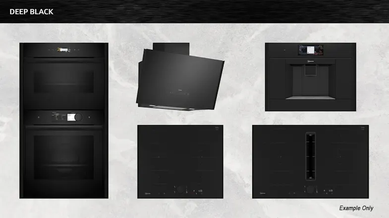 A collection of modern kitchen appliances, including an oven, hood, cooktops, and a built-in coffee machine in deep black colour A collection of modern kitchen appliances, including an oven, hood, cooktops, and a built-in coffee machine in deep black colour
