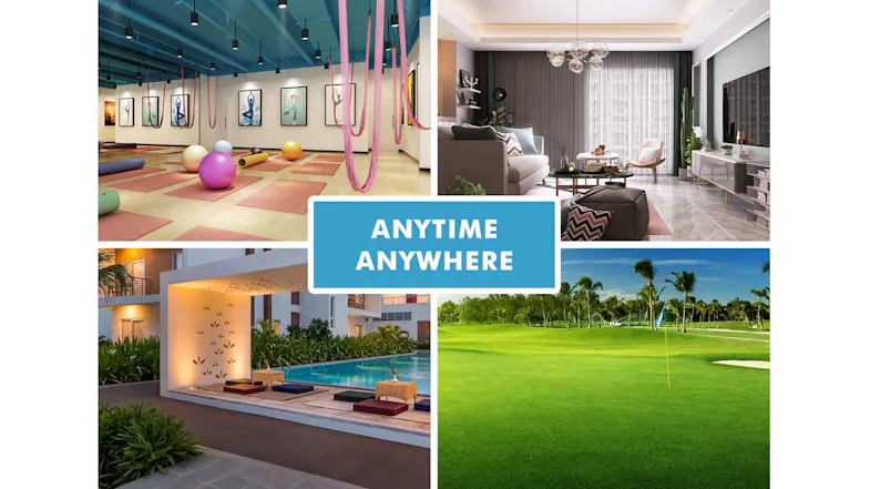 A four-panel collage of a yoga studio, living room, pool deck, and lawn, with a centre sign reading “ANYTIME, ANYWHERE” A four-panel collage of a yoga studio, living room, pool deck, and lawn, with a centre sign reading “ANYTIME, ANYWHERE”