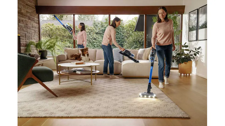 A sequence showing different uses of the Bissell vacuum for floor cleaning, sofa cleaning, and high-reach dusting. A sequence showing different uses of the Bissell vacuum for floor cleaning, sofa cleaning, and high-reach dusting.
