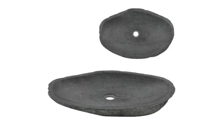 Top and side view of a dark grey oval stone vessel sink, showing a shallow basin and a small, centred drain hole Top and side view of a dark grey oval stone vessel sink, showing a shallow basin and a small, centred drain hole