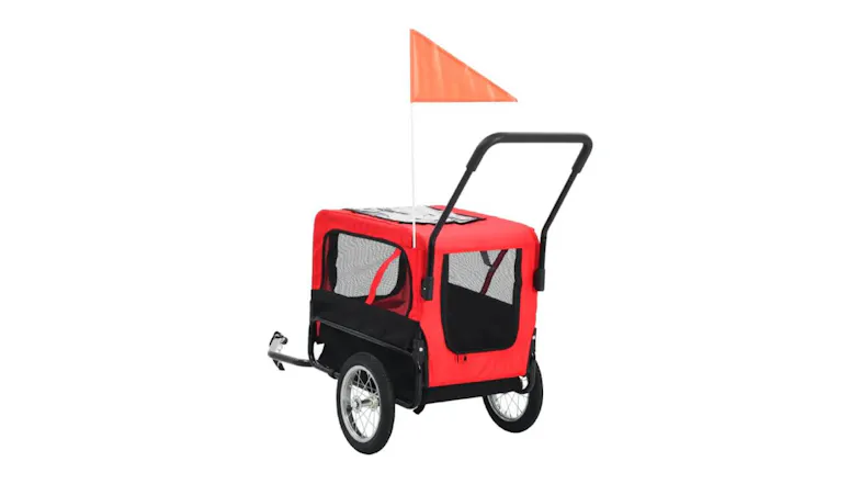 Side view of pet bike trailer showing mesh panels, large rear wheels, towing arm, and attached safety visibility flag Side view of pet bike trailer showing mesh panels, large rear wheels, towing arm, and attached safety visibility flag