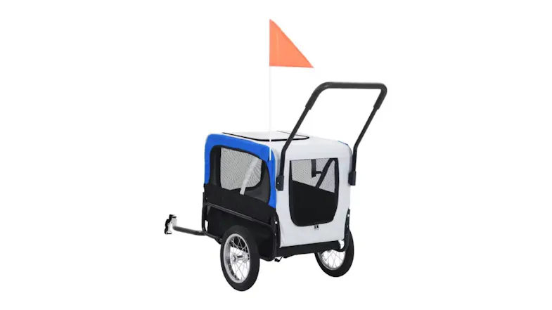 A rear-angled view of a pet bike trailer and stroller combo featuring mesh ventilation panels and sturdy wheel design A rear-angled view of a pet bike trailer and stroller combo featuring mesh ventilation panels and sturdy wheel design