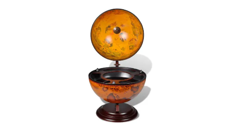 An open globe bar revealing a hollow interior for bottle storage An open globe bar revealing a hollow interior for bottle storage