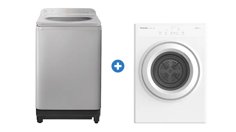 Panasonic 9.5kg Top Loading Washing Machine & 8kg Sensor Vented Dryer Package - Grey/White (NA-F95AR1HNZ + NH-E80JA1WAU) Panasonic 9.5kg Top Loading Washing Machine & 8kg Sensor Vented Dryer Package - Grey/White (NA-F95AR1HNZ + NH-E80JA1WAU)
