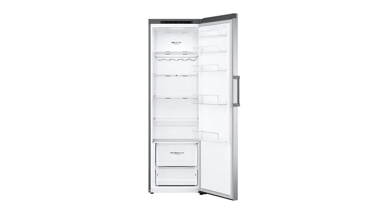 Open Vertical Fridge showing empty shelves, door racks, and two bottom drawers labeled Moist Balance Crisper Open Vertical Fridge showing empty shelves, door racks, and two bottom drawers labeled Moist Balance Crisper