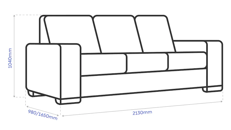 Dimension diagram of the Savoy 3-seater recliner sofa showing width, height, and extended depth Dimension diagram of the Savoy 3-seater recliner sofa showing width, height, and extended depth