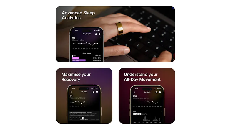 App dashboard displaying Sleep Analytics, Recovery, and Movement App dashboard displaying Sleep Analytics, Recovery, and Movement