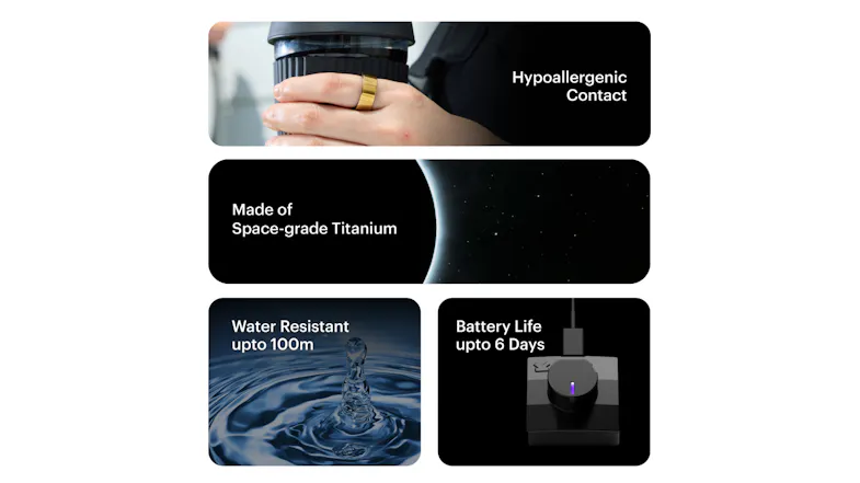 Smart ring technical specs like hypoallergenic and water resistant up to 100m Smart ring technical specs like hypoallergenic and water resistant up to 100m