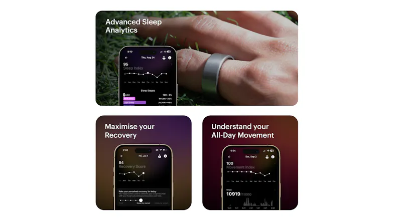 Three app screenshots showing advanced sleep analytics, recovery score, and movement index Three app screenshots showing advanced sleep analytics, recovery score, and movement index