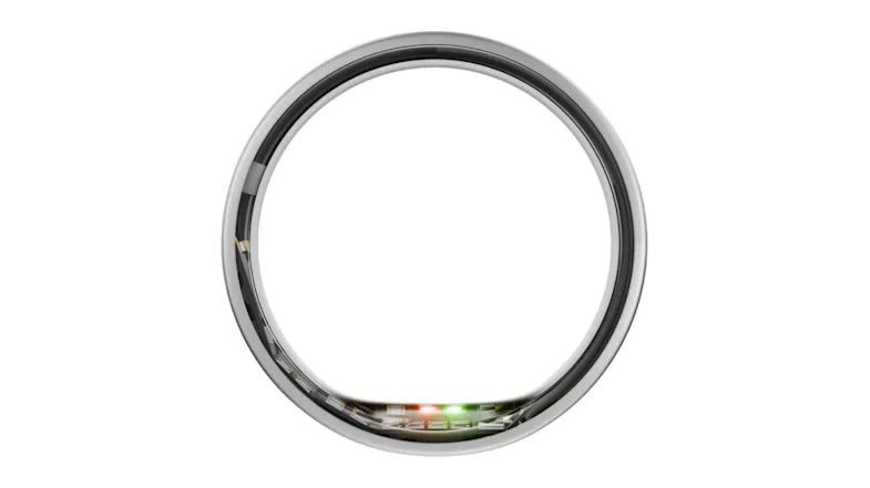 Top-down view of a smart ring, highlighting circular design and visible internal sensors Top-down view of a smart ring, highlighting circular design and visible internal sensors