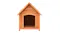 A front view of a wooden dog house with a natural timber finish, a raised base, and a wide arched entrance A front view of a wooden dog house with a natural timber finish, a raised base, and a wide arched entrance
