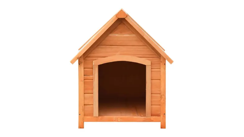 A front view of a wooden dog house with a natural timber finish, a raised base, and a wide arched entrance A front view of a wooden dog house with a natural timber finish, a raised base, and a wide arched entrance