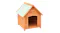 An angled view of a wooden dog house showing a sloped green roof, sturdy timber panels, and elevated flooring design An angled view of a wooden dog house showing a sloped green roof, sturdy timber panels, and elevated flooring design