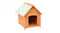 A wooden dog house with labelled dimensions showing width, depth, and height A wooden dog house with labelled dimensions showing width, depth, and height