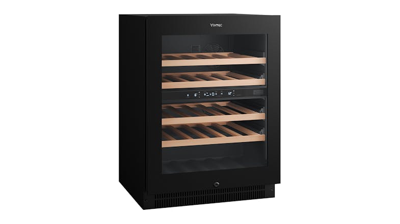 Empty Vintec wine cellar shown from the side, highlighting the depth of the wooden shelves Empty Vintec wine cellar shown from the side, highlighting the depth of the wooden shelves