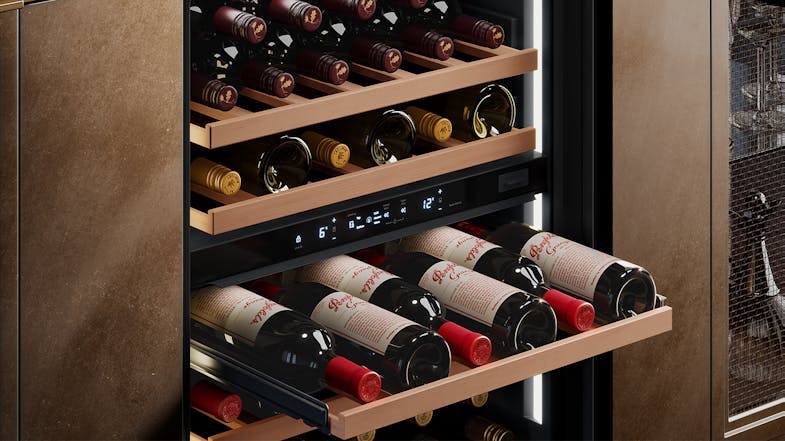 Close-up of a Vintec wine fridge shelf partially extended, showcasing premium wine bottles Close-up of a Vintec wine fridge shelf partially extended, showcasing premium wine bottles