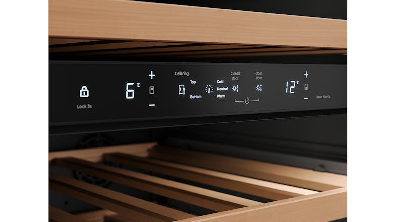 Detailed view of the touch-sensitive interface on a Vintec fridge with icons for lighting, cellarage, and zone locking Detailed view of the touch-sensitive interface on a Vintec fridge with icons for lighting, cellarage, and zone locking