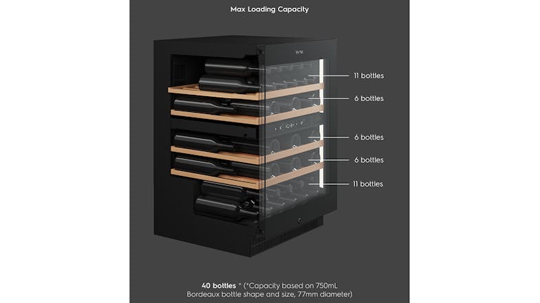 Technical diagram of the Vintec storage layout, detailing how 11, 6, 6, 6, and 11 bottles fit on respective shelves Technical diagram of the Vintec storage layout, detailing how 11, 6, 6, 6, and 11 bottles fit on respective shelves
